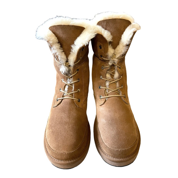 AU&MU Shearling Fur Classic Suede 9 Lace Up Winter Boots Sheepskin Snow Tan